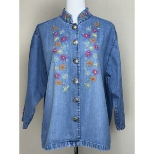 New Direction Jacket Womens 1X Cottagecore Floral Embroidered Denim Blue